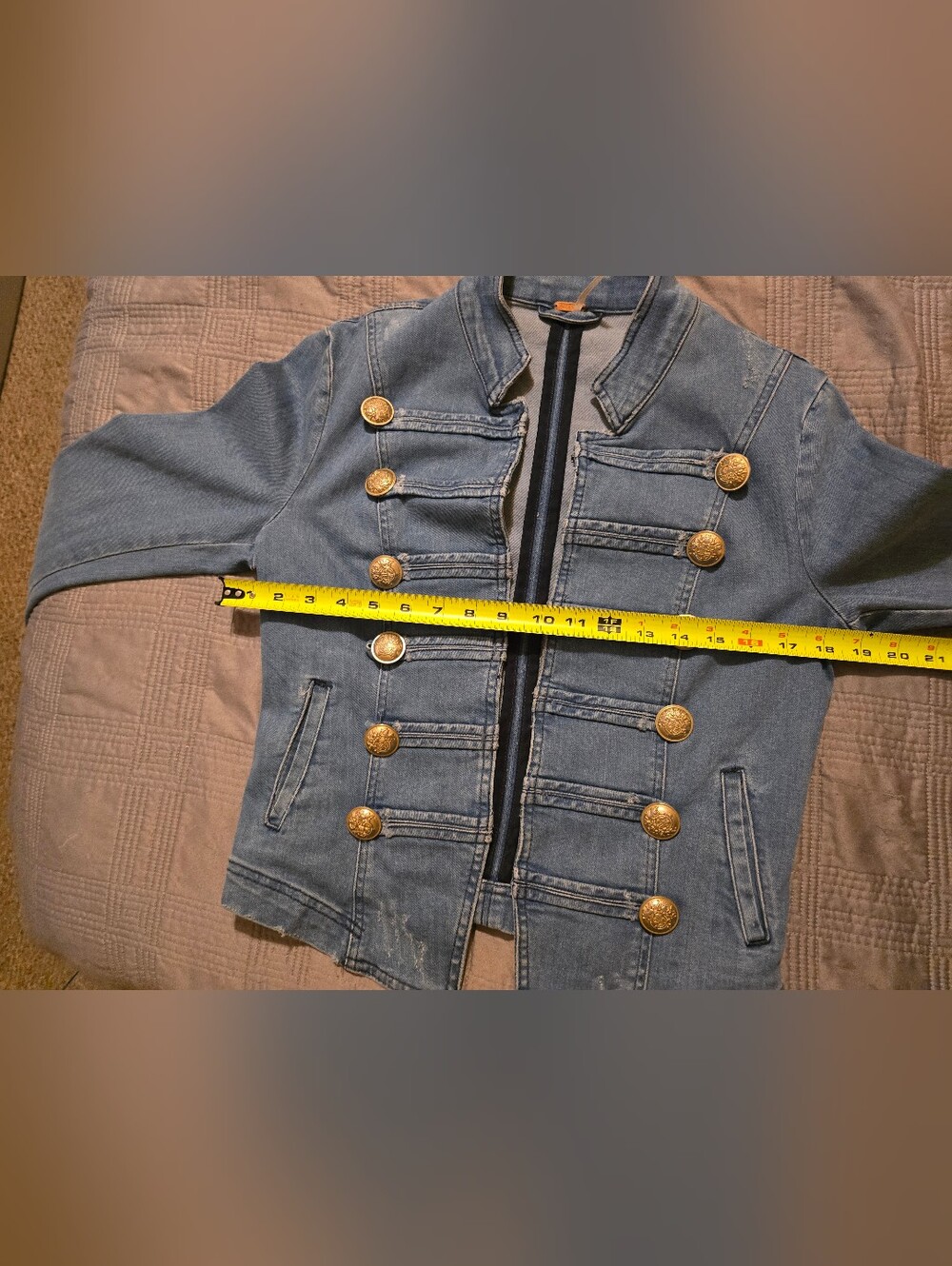 Free People Distressed Denim Military Jacket Gold Buttons Small - Picture 10 of 16